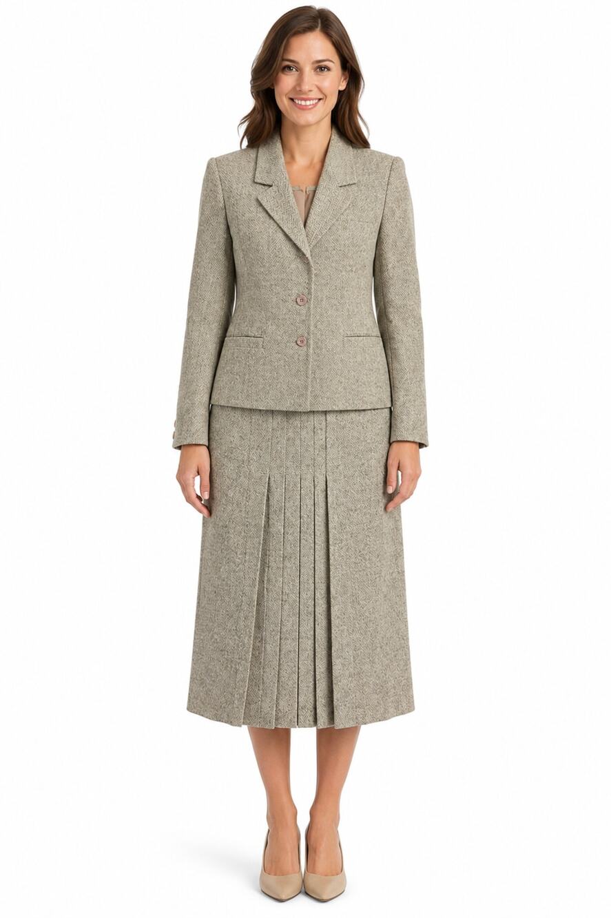 Vintage 80s Savile Wool Tweed Skirt Suit USA Women's Size 4 Beige Herringbone